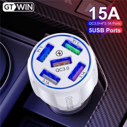GTWIN 5 Port Car Charger For iphone 12 Xiaomi redmi Quick Charge 3.0 15A Fast Charging Charger Auto USB Mobile Phone Car Charge