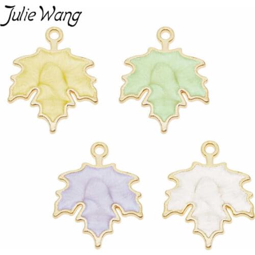 Julie Wang 8pcs Enamel Maple leaves Charms Alloy Gold Tone Pendant Necklace Bracelet Jewelry Making Accessory