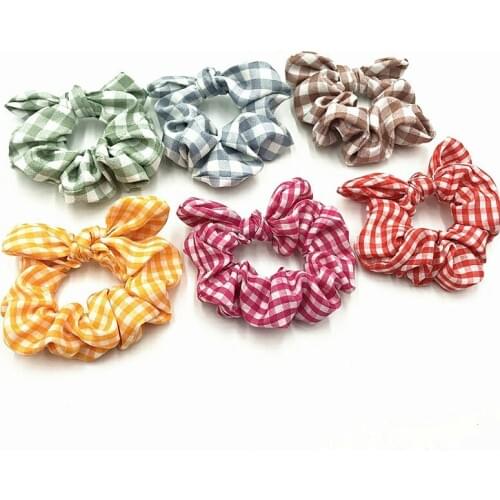 2pcs Girls Gingham Scrunchies Hair Rope Band Rabbit Ear Scrunchies Cotton Ponytail Holder Women Headwear Bracelet