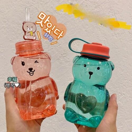 Lovely Cartoon Bear Straw Cup Double Cover Plastic Water Bottle with Lid 450ml Cute Water Bottle for Girls Kawaii Drinkware