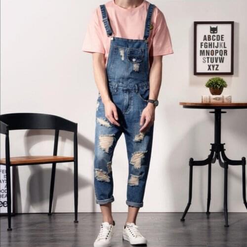 S-6xl Summer Men Bib Pants Tide Hole Overalls Denim Jeans Couple Models Nine Pants Rompers Slim Sling Washed Blue Siamese Pants