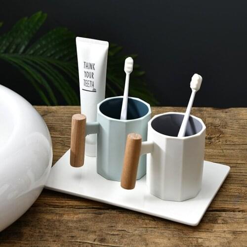 Nordic Household Washing Cup Couple Brushing Cups Plastic Creative Wooden Handle Toothbrush Cup Drinking Mug Bathroom Tumblers