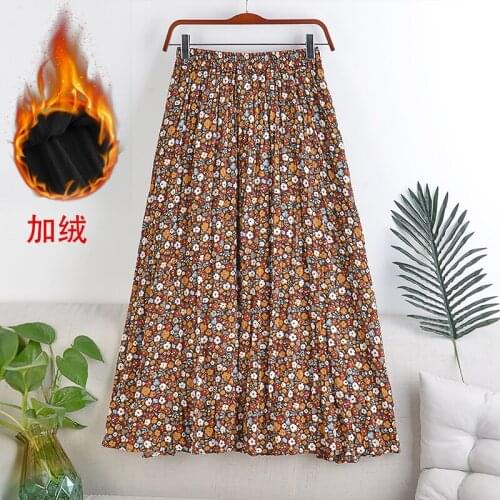 New high waist slimming elastic waist chiffon chaotic pleated floral plus velvet lining mid-length skirt Autumn Winter women