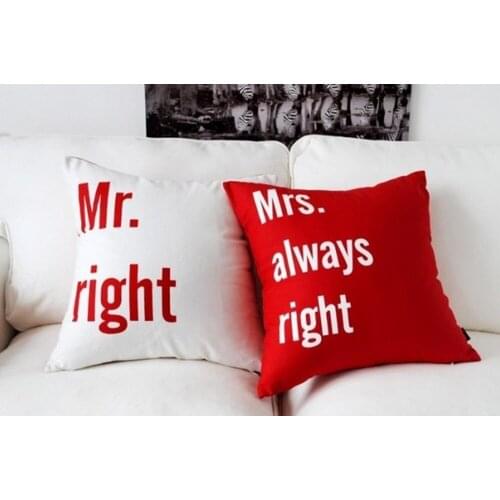 New Vintage 2PCS Mrs. Mr. Always Right Wedding Lover Decorative Pillow Case Cushion Cover Sham 45Cm x 45cm