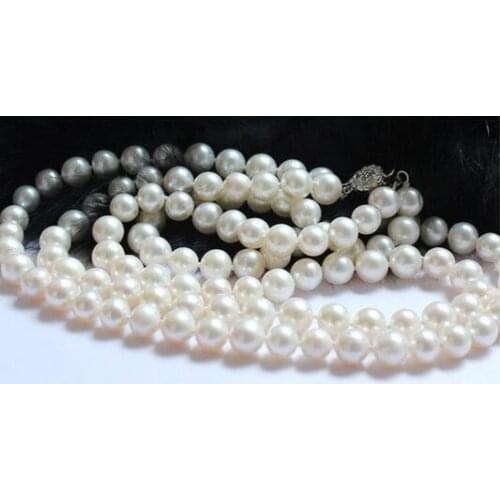 Two strands 9-10mm south sea round white pearl necklace 18"19' 925s KKK