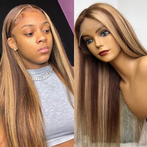 Ombre Blonde Highlight Lace Front Human Hair Wig Straight Peruvian Remy Lace Closure Wig For Women T Part Lace Wig Bleached Knot