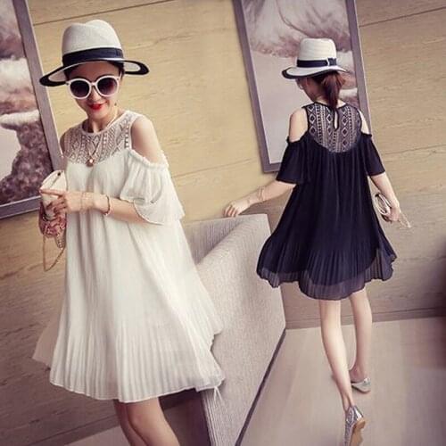 Maternity dress lace patchwork chiffon pleated dress pregnant women summer dress off shoulder princess dress black/white
