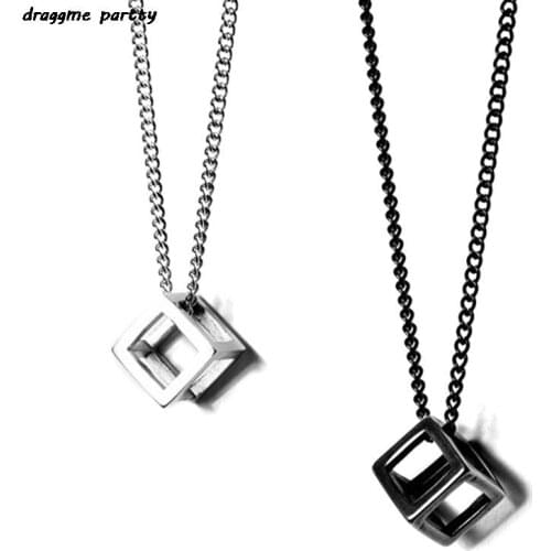 Retro Hollow Cube Pendant For Men Stainless Steel Square Vintage Necklace Punk Geometric Collier Chain Pendant Necklace