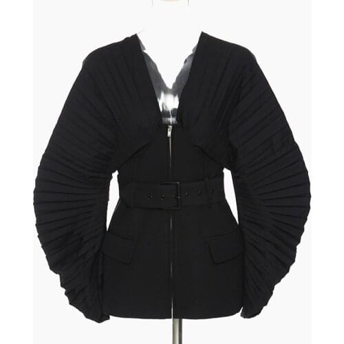 SeeBeautiful Long Pleated Sleeve Stitching Loose Coat V-neck Zipper Pockets Belts New Fashion 2021 Autumn Women E860