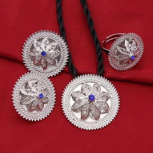 Silver Ethiopian Jewelry Sets White Blue Red Stone Silver Plated Habesha Bride Wedding Eritrea Chain