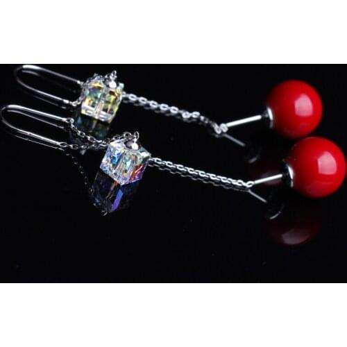 Trendy Bling Bling Austrian Crystal Earrings Fashion Jewelry Long Pendant Pearl Earrings For Women Girls Perfect Quqality Brand