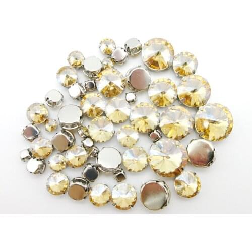Champagne gold crystal glass mix Rivoli round shape 7 sizes silver claw flatback sew on rhinestones shoes bags garment trim diy