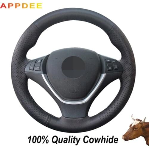 APPDEE Hand-stitched Black Genuine Leather Steering Wheel Cover for BMW X6 E71 2008-2014 E70 X5 2008-2013