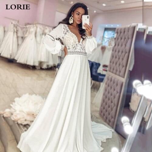LORIE Bohemian Wedding Dresses Puff Sleeve Chiffon Lace Bridal Gowns Backless Vestido De Novia V Neck Wedding Party Gown