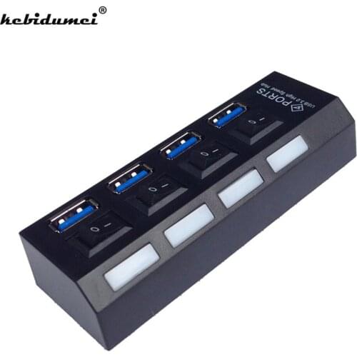 Kebidumei New 4 Ports USB 3.0 Hub With On/Off Switch USB 3.0 HUB High Speed USB Devices For Desktop Laptop Without Power Adapter
