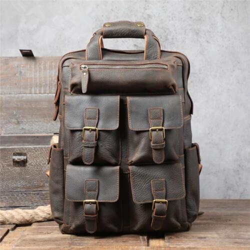 Mens Genuine leather large-capacity first layer cowhide retro backpack multifunctional leather crazy horse leather travel bag
