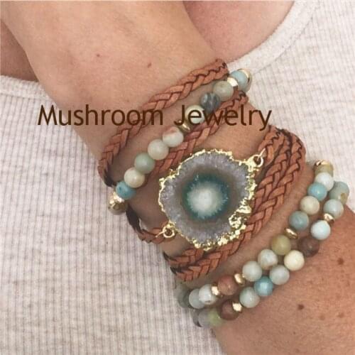 Boho Chic Amethysts stalactite Stone Beaded Faux Leather Braided Bracelet For Women Wrap Bracelet Geode