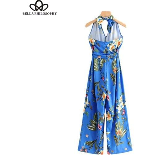 HStar women sexy floral print jumpsuits halter backless sleeveless rompers bow tie sashes casual chic playsuits