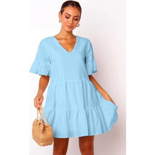 Short Sleeve Dress Batwing A-Line Patchwork 2021 Fashion Women Summer Loose Cotton Solid V-Neck Occidental Style