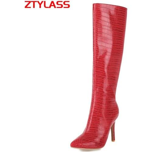 2021 New Autumn Winter Women Boots Fashion Zipper Stone Print Knee High Boots Sexy Thin High Heel Pointed Toe Lady Shoes