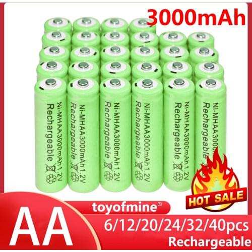 6/12/20/24/32/40pcs AA 1.2V 3000mAh NiMH 1.2v Rechargeable Batteries Green battery Garden Solar Light LED flashlight torch