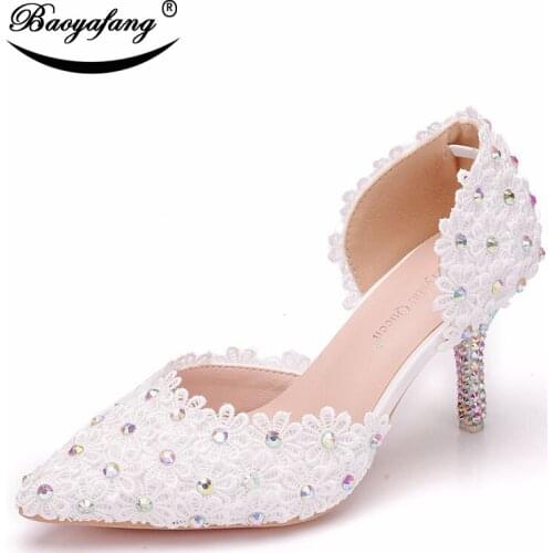 Bao Ya Fang Womens bridal shoes White lace crystal shoes Fashion Fine-heeled pointed sandals Sweet Hollow Two-piece Sandals