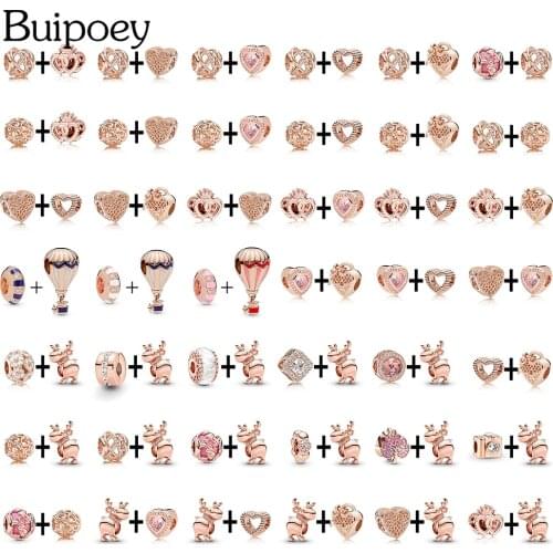 Buipoey Rose Gold Love Heart Beads Elk Hot Air Balloon Charm Fit Diy Bracelets & Necklace Beaded Women Girls Jewelry Accessories
