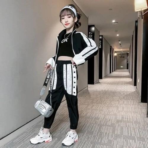 Kids Girls Sports Suit 2021 New Autumn Childrens Stripe Long-Sleeved Jacket + Trousers Two-Piece Casual Student Clothing Suit