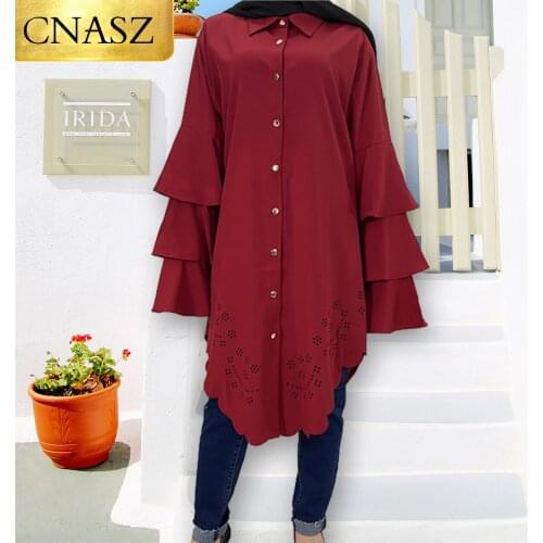 Long Shirts Muslim Women Fashion Petal Sleeve Islamic Clothing Oman Dubai MoroccoTunique Femme Musulmane Long Top