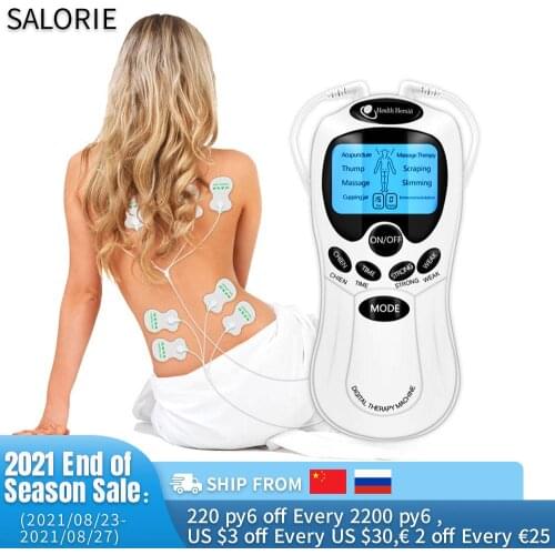Russian/English Dual Channel TENS EMS Unit Muscle Stimulator Therapy 8-Mode TENS Machine Pulse Massager with 8Pcs Electrode Pads