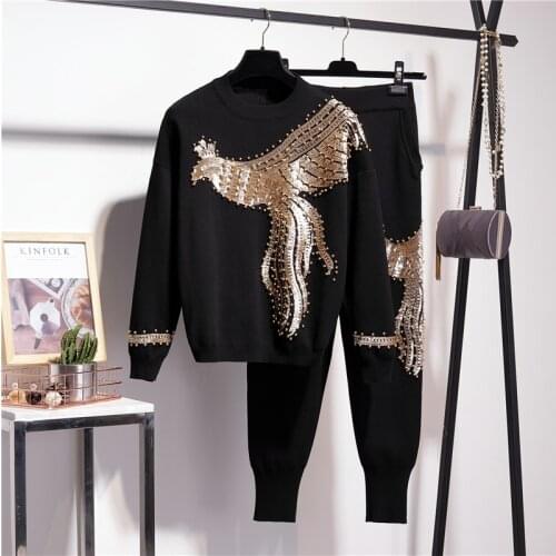 Black Beading Sequins Phoenix Knitted Tracksuit Women Outfits Autumn O Neck Pullover Long Pencil Pant Casual Knitwear 2Pcs set