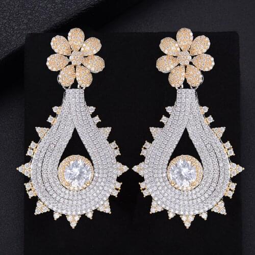 LARRAURI 38*67mm Trendy Flower Pierced Pendant Waterdrop Earring Cubic Zirconia Inlaid Nigerian Wedding Big Dangle Drop Earrings