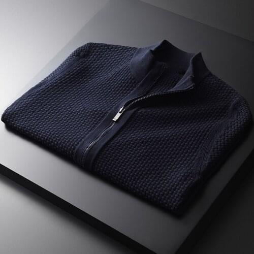 Classic Style Men 100% Cotton Luxury 3d Jacquard Fabric Stand Collar Sweater Male Fashion Zipper Knitted Sweaters Man Plus Size