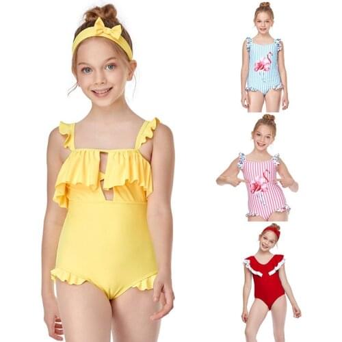 Girls One Piece Swimsuit Children Striped Elasticity Soft Ruffle Swimwear Kids Solid Color Bikini Bathing Suit Beachwear 2-12Y