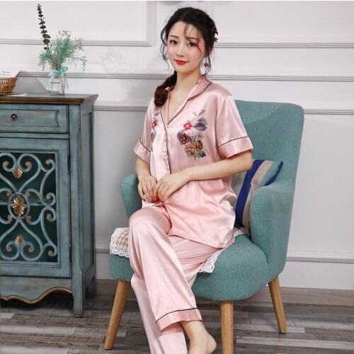 Spring Autumn Womens Pajamas Set Summer Printed Nightwear Full Length V-Neck Short Sleeve Two Piece Silk Home Wear Sleep Wear