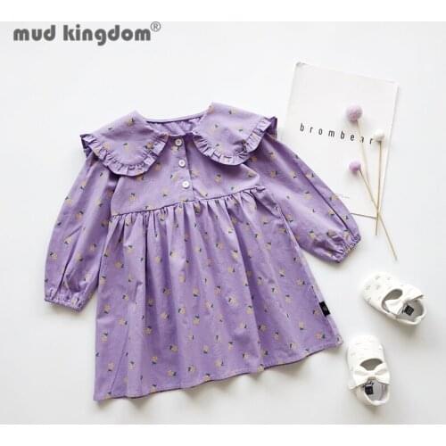 Mudkingdom Girls Floral Dress Cute Ruffles Turn-down Collar Button Long Puff Sleeve Dresses for Little Girl Print Autumn Clothes