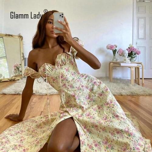 Glamm Lady Floral Print Casual Midi Summer Dresses For Womens Strapless Autumn Sexy Party Dress Club Bodycon Dress Puff Vestidos