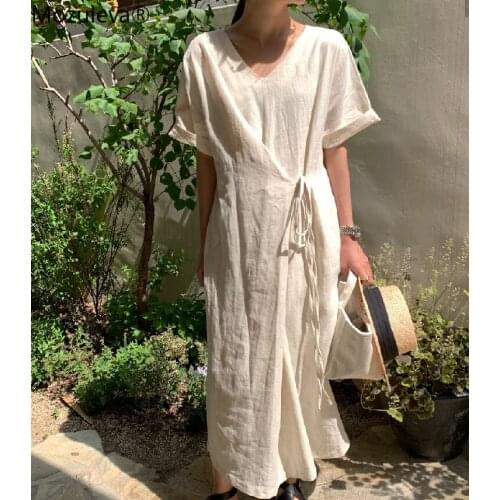 Mozuleva Summer Women Dresses Loose Lace Up Casual V-neck Backwards Cotton and Linen Vintage Wild Long Bandage Dress 2020 New