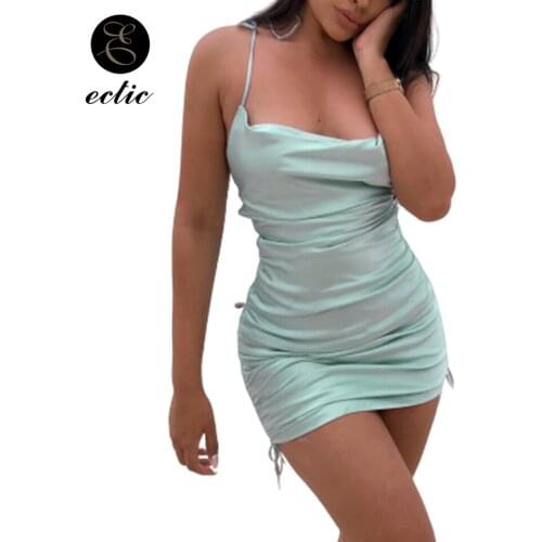 Bodycon Mini Dress Satin Slip Sukienka Women Sleeveless Pleated Bandage Tight Plain Sexy Dress Party Night Club Dress 2021 Solid
