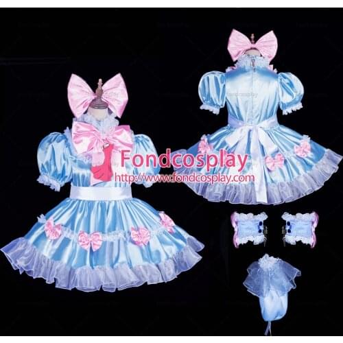 Lockable blue Sissy Maid Satin Dress Unisex CD/TV Tailor-Made[G3836]