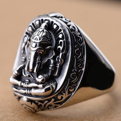 Vintage God Of Wealth Elephant Ring Mens Stainless Steel National Style India Ganesha Ring Men Women Lucky Ring Jewelry