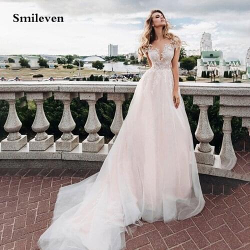 Smileven Vintage Lace Wedding Dresses Long Train Illusion Back Appliques Bridal Dresses Dubai vestidos de novia 2020
