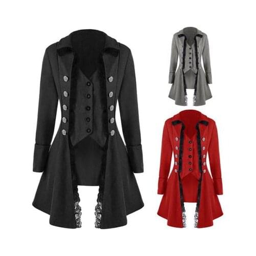 Vintage Women Gothic Lapel Jacket Victorian steampunk Lace Trenchcoat Button Tunic Coat Retro Medieval Slim Long Sleeve Tailcoat
