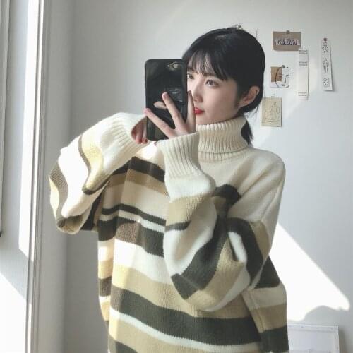 Woman Sweaters Chandails Sweater Womens Outer Wear Winter Thick Striped High Collar Loose Pullover Sweater Top