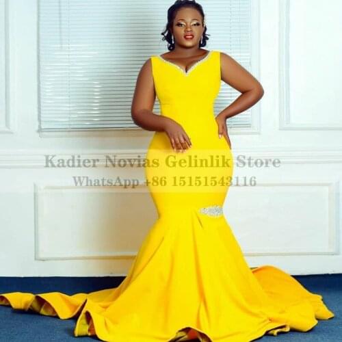 Long Yellow Mermaid Evening Dress 2021 Satin V Neck Robe de Soiree Elegant Prom Dresses Vestidos De graduacion