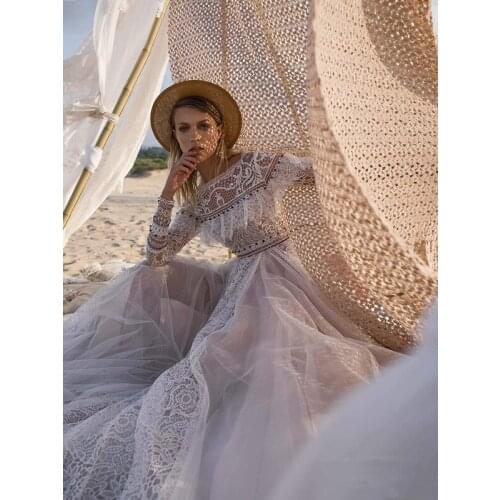 GY New bohemian Wedding Dress with Long Sleeves A Line Vintage Open Back Lace Beaded Tulle Bridal Gowns Robe De Mariee