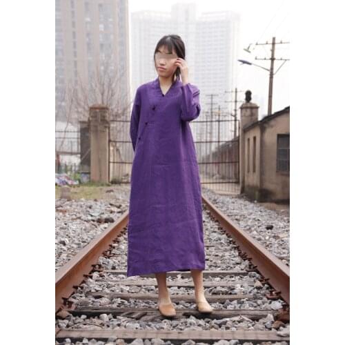 Spring dress super beautiful show white purple linen coil button improved womens robe dress base coat blouse 1708