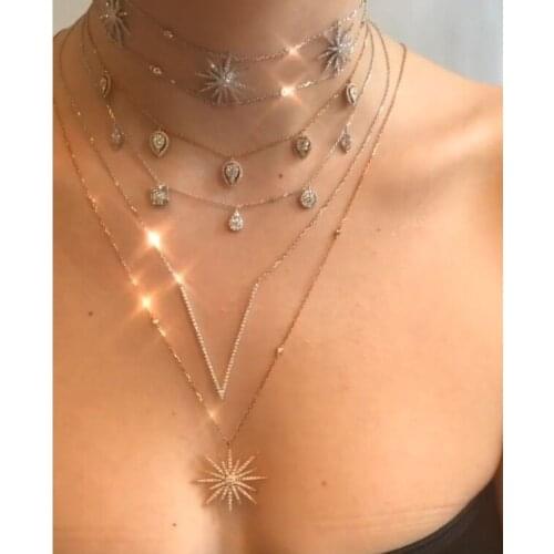 Cz paved 3pcS north Star Choker double chain Necklace For Women faShion GorGeouS modern jewelry Gold Silver color Layer ChokerS