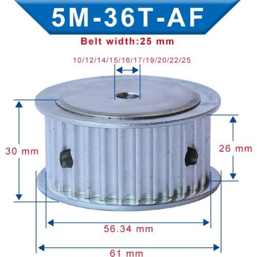 5M-36T Pulley Bore 10/12/14/15/16/17/19/20/22/25 mm Aluminum pulley wheel Slot Width 26mm For Width 25mm 5M-rubber timing belt