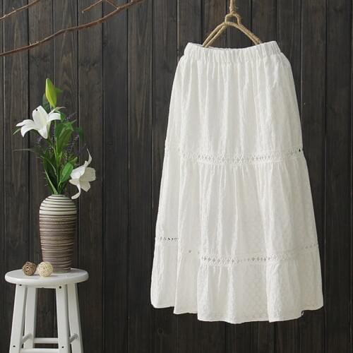 Free Shipping 2019 New Fashion Spring And Summer Embroidery Flower White 100% Cotton Elastic Waist Skirt Long Mid-calf Skirts